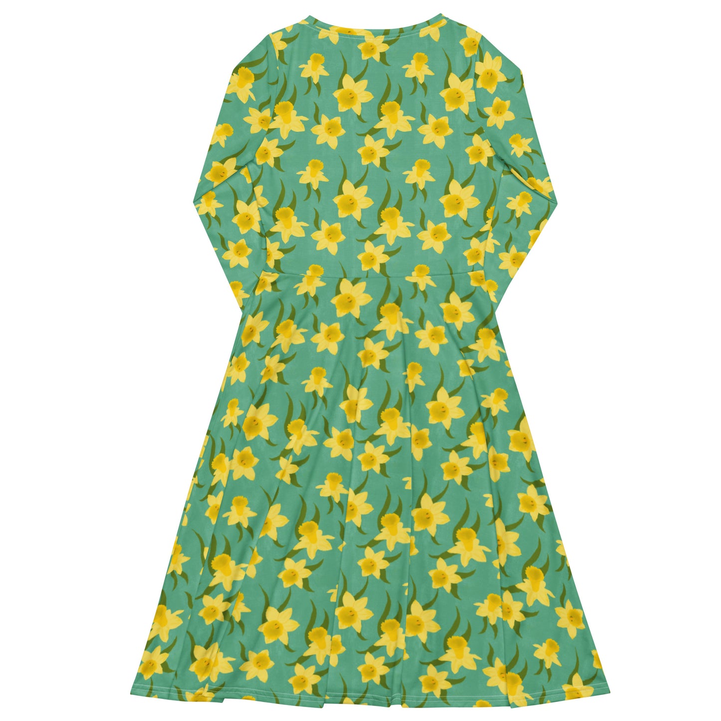 Teal dress with yellow daffodil floral pattern by Carmel Rimmer on a white background