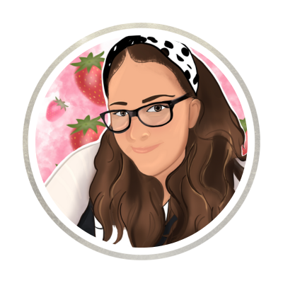 Illustration of a person, Carmel Rimmer with glasses and a headband, surrounded by strawberry-themed elements.