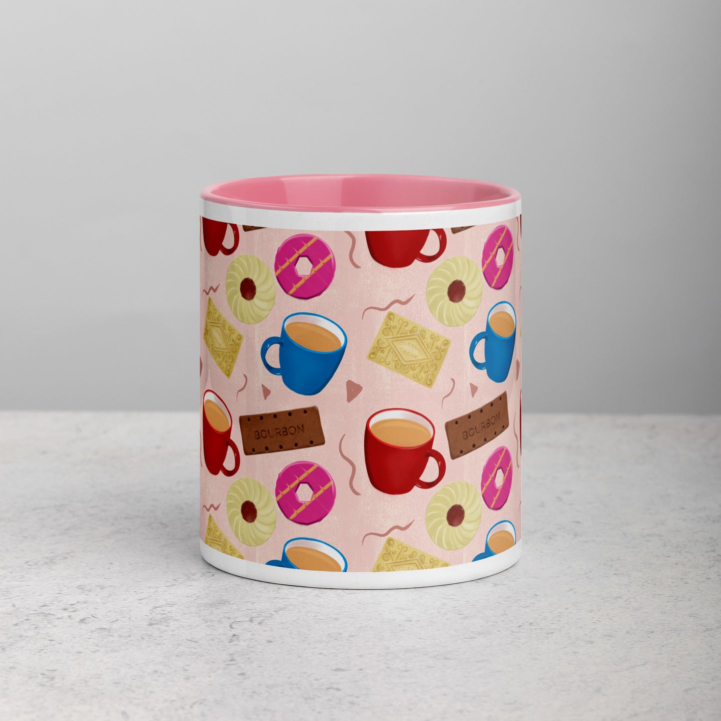 Mug with pink handle and colourful tea and biscuits -themed pattern by Carmel Rimmer on a light grey background