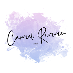 Watercolour paint in purple and blue splash with text that says Carmel Rimmer Art