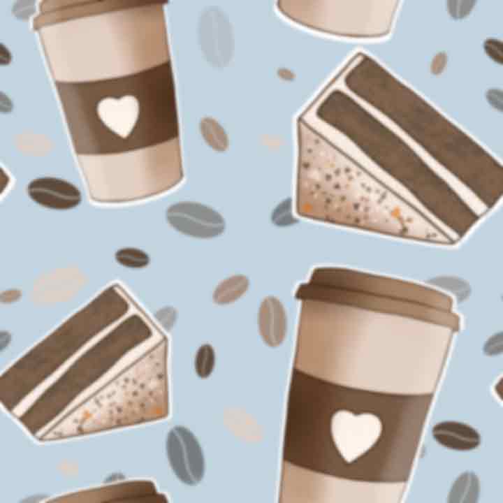Pattern of coffee cups with heart designs and cake slices on a light blue background with coffee beans.