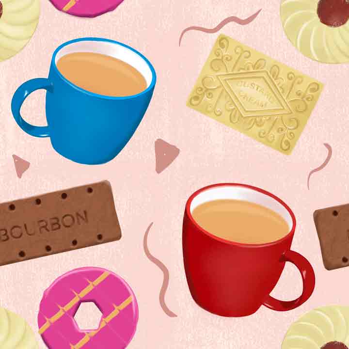 Colourful illustration of tea cups and British inspired biscuits on a pink background