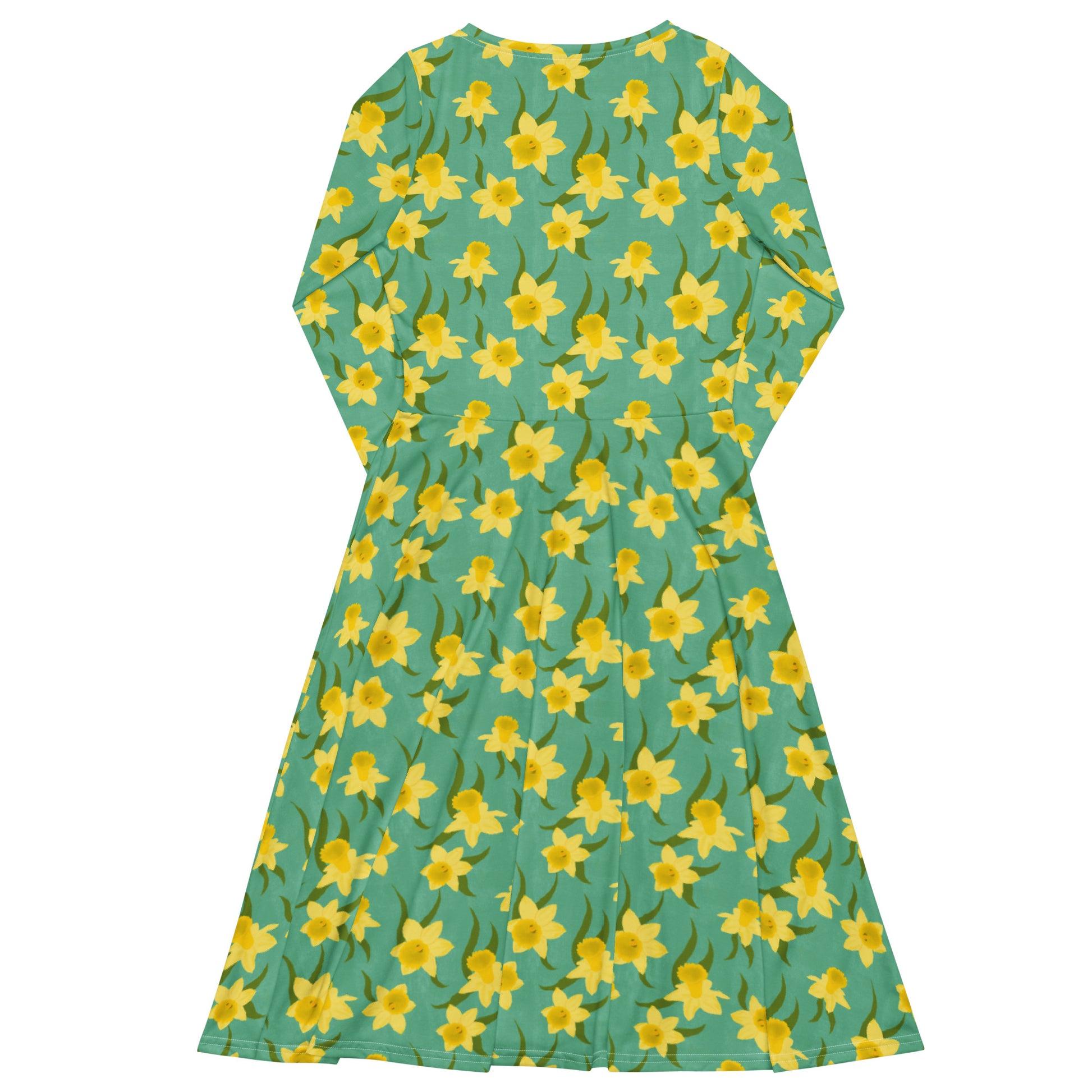 Teal dress with yellow daffodil floral pattern by Carmel Rimmer on a white background