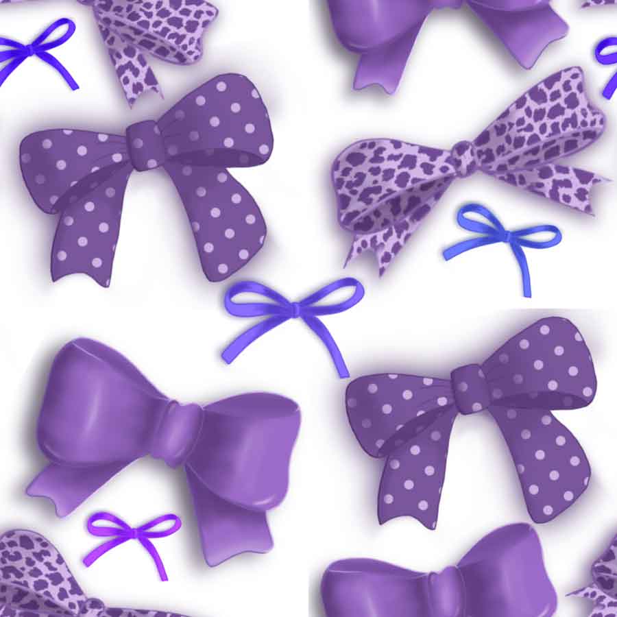 Pattern of various purple bows on a white background