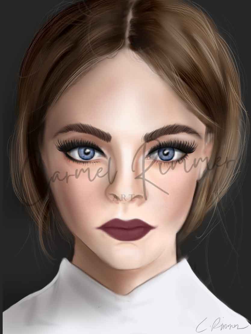 Digital illustration of a person with a neutral expression on a dark background