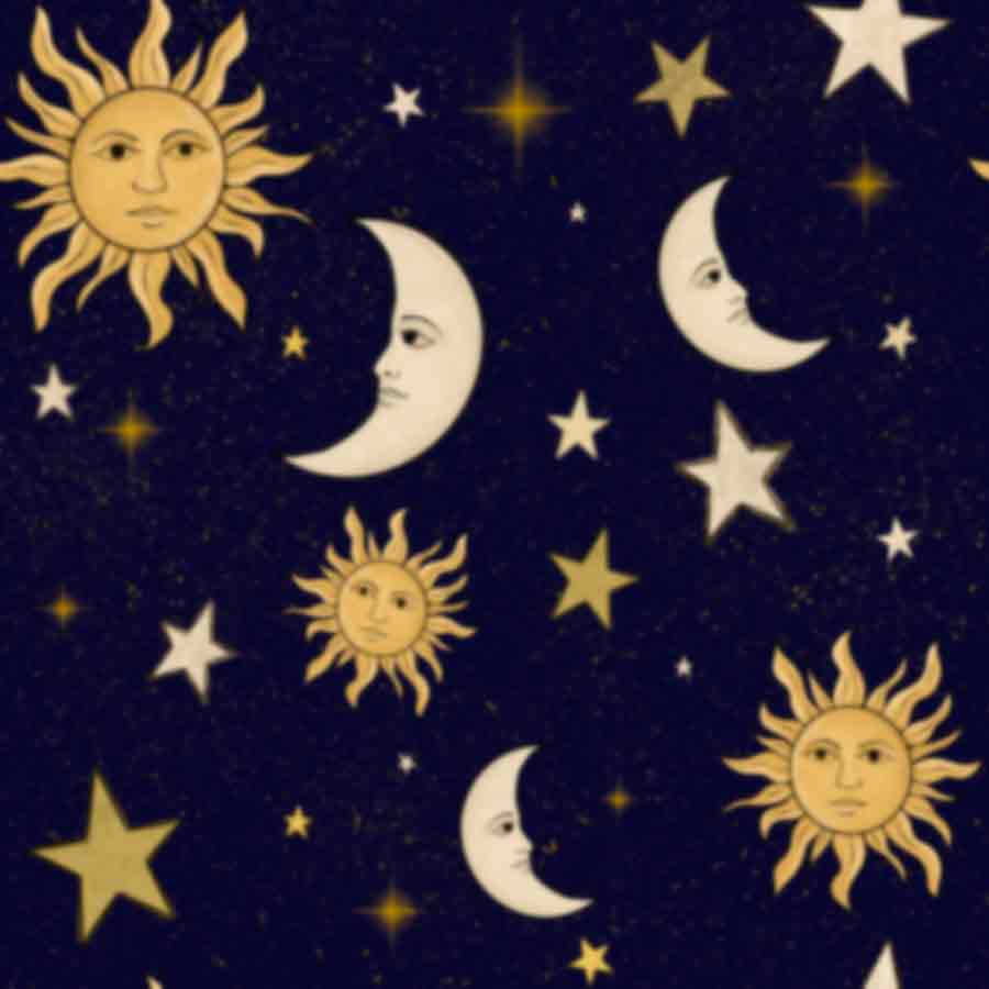 Pattern of suns, moons, and stars on a dark blue background