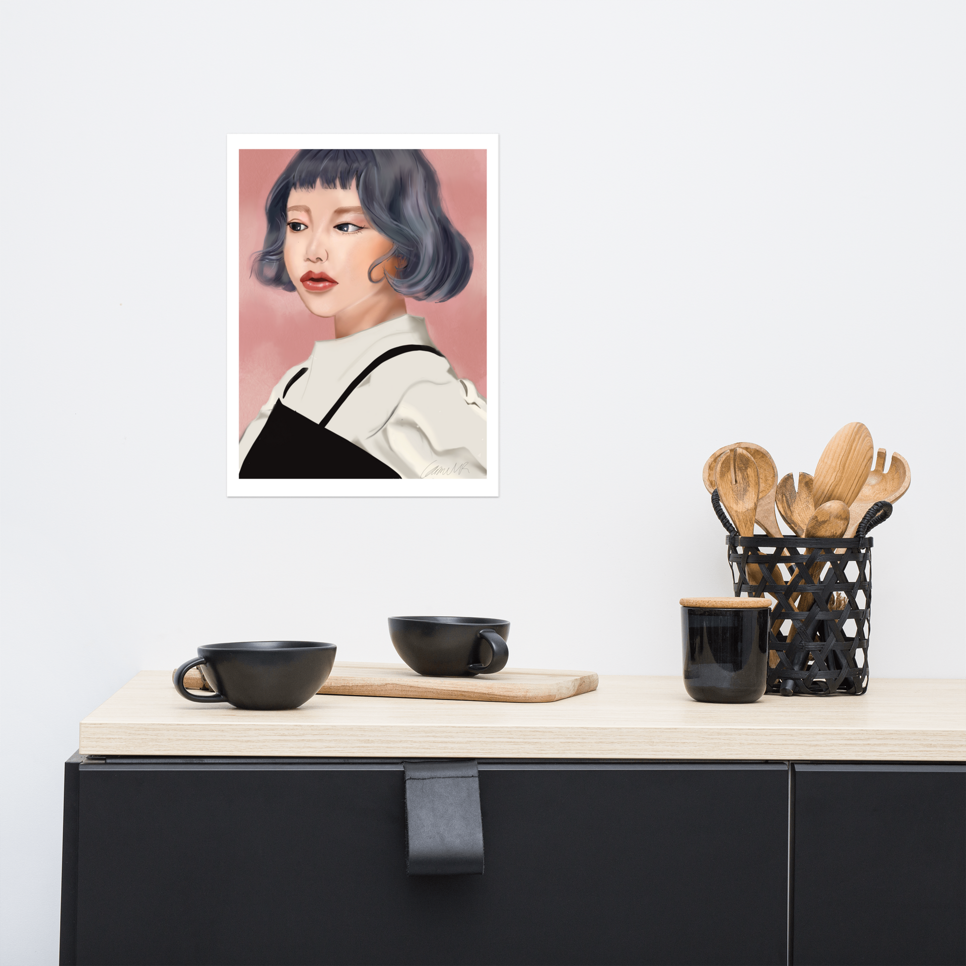 Artwork Digital Portrait by Carmel Rimmer of a woman with a blue grey bob on a kitchen counter with black cabinets.