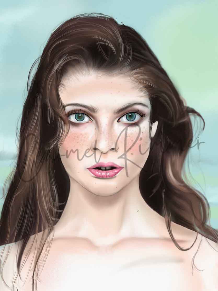 Digital illustration of a woman with long brown hair and green eyes against a light blue background