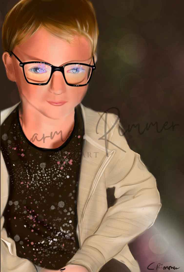Digital art of a person wearing glasses and a sparkly top with a blurred background