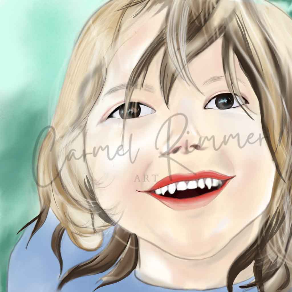 Illustration of a child with blonde hair and red lips on a gradient teal background.
