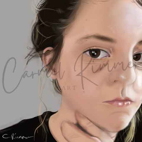 digital portrait of Carmel Rimmer. Dark brown hair and eyes on a neutral grey background. 