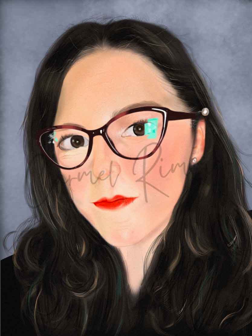 Illustration of a person with glasses and dark hair against a gray background