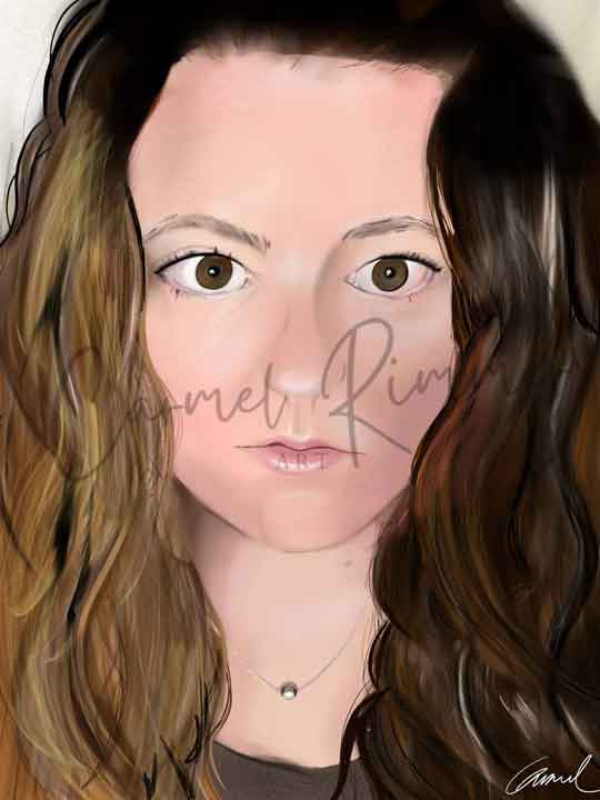 Digital portrait of a person with long brown hair and a necklace.