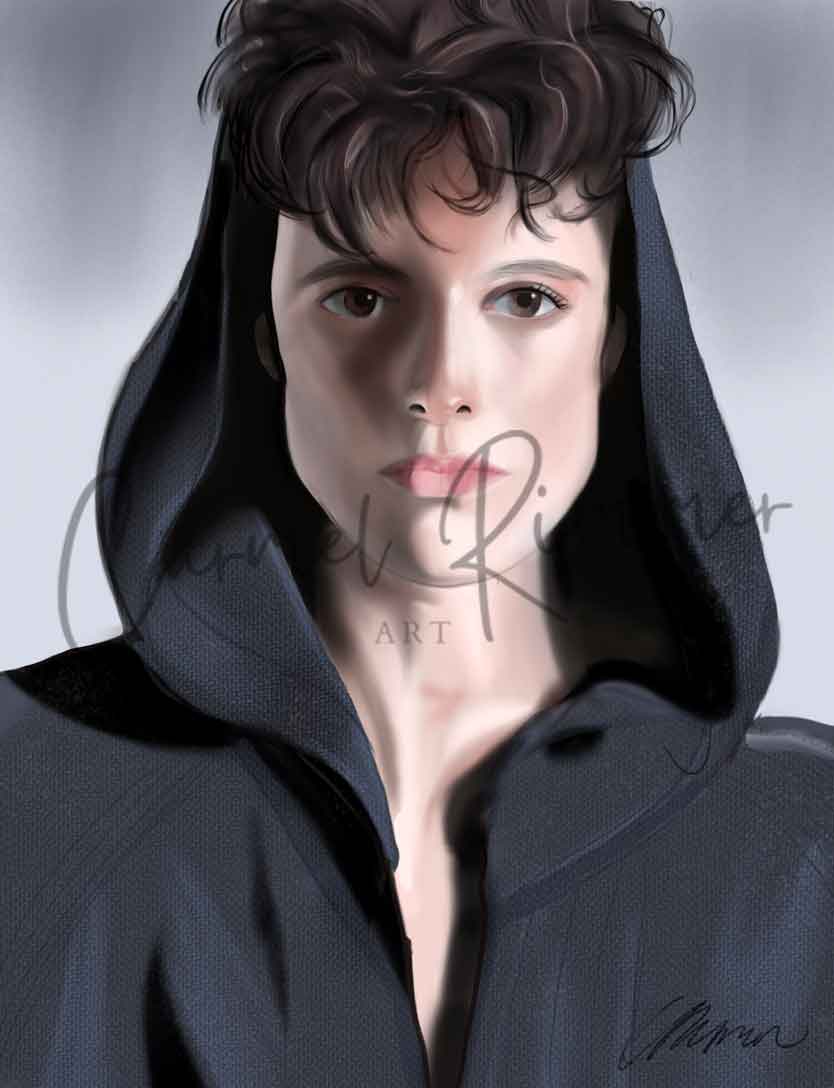 Digital art of a person wearing a hooded garment with a neutral background