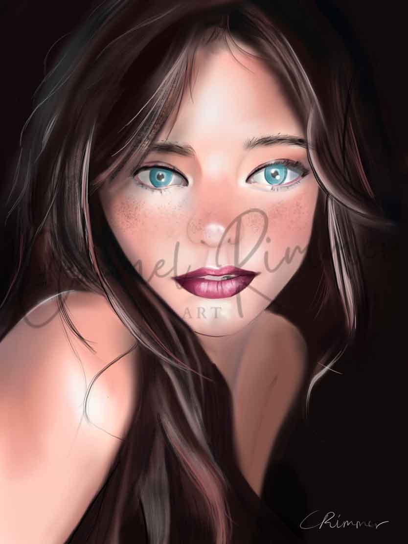 Digital artwork of a woman with blue eyes and brown hair on a dark background.