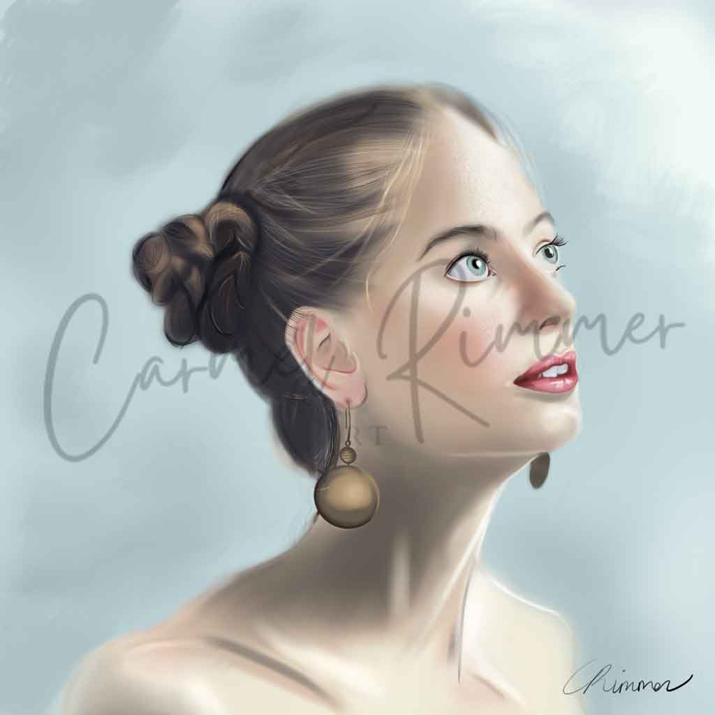 Digital art of a woman with styled hair and earrings on a light gray background