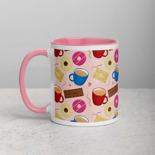 Mug with pink handle and colourful tea and biscuits -themed pattern by Carmel Rimmer on a light grey background