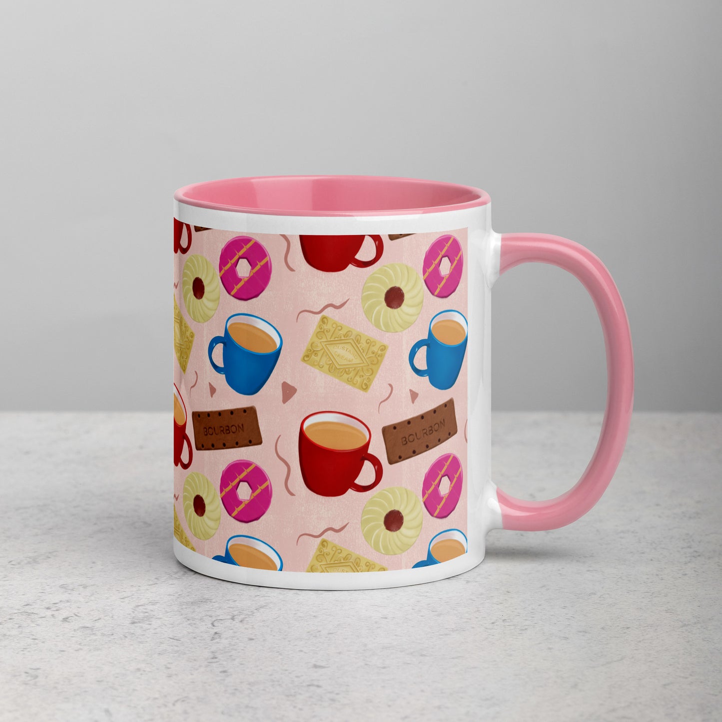 Mug with pink handle and colourful tea and biscuits -themed pattern by Carmel Rimmer on a light grey background