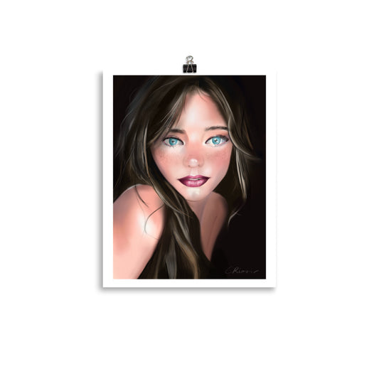 A poster print featuring a stylized artwork of a female figure with prominent blue eyes and a subtle color palette.