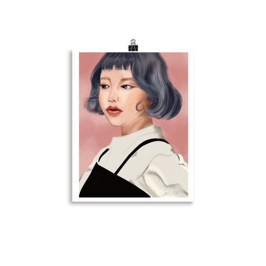 A poster featuring a portrait of a person with a bob haircut, wearing a white top with black straps, set against a pink background.