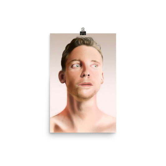 A poster featuring a digital artwork of a male figure with a neutral expression, predominantly in shades of white and beige.