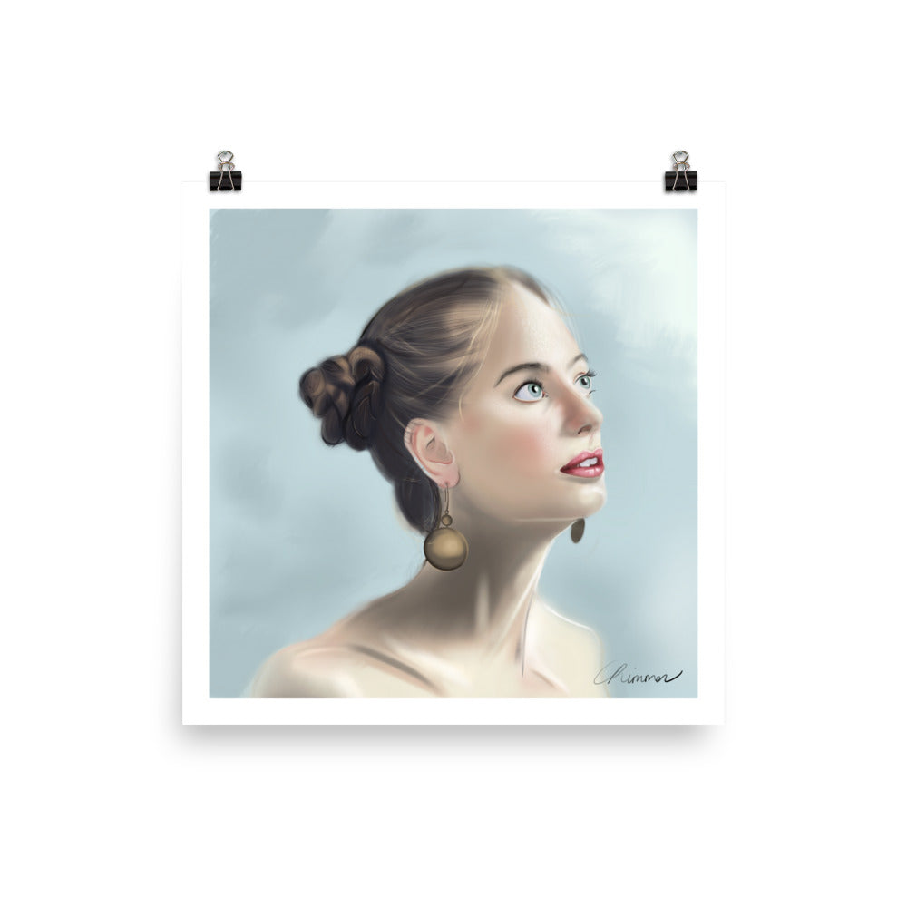 A poster featuring a digital artwork of a woman looking upwards by Carmel Rimmer with a partly glossy, partly matte finish.
