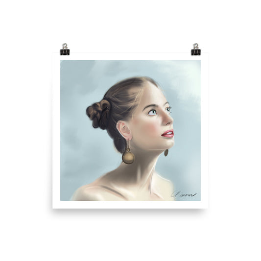 A poster featuring a digital artwork of a woman looking upwards by Carmel Rimmer with a partly glossy, partly matte finish.